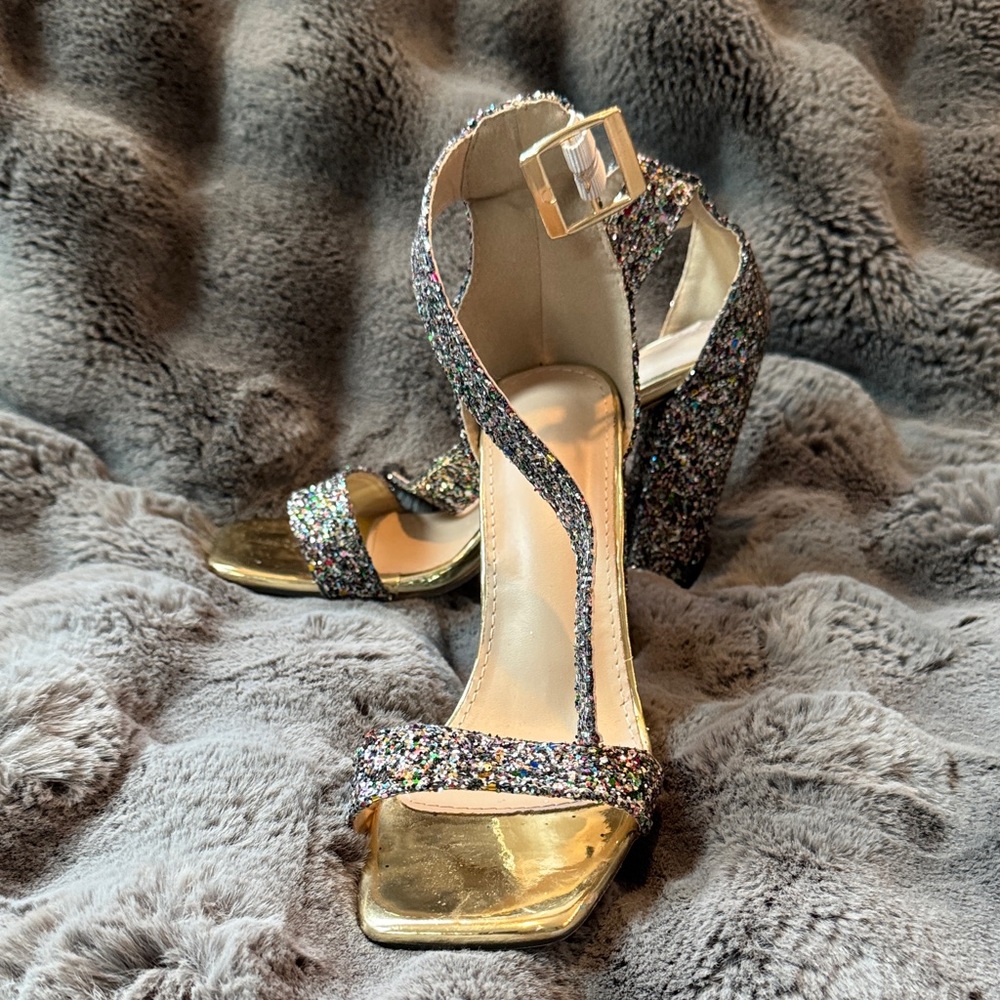 Gold Multicolor Glitter Block Heel Sandals - Women
